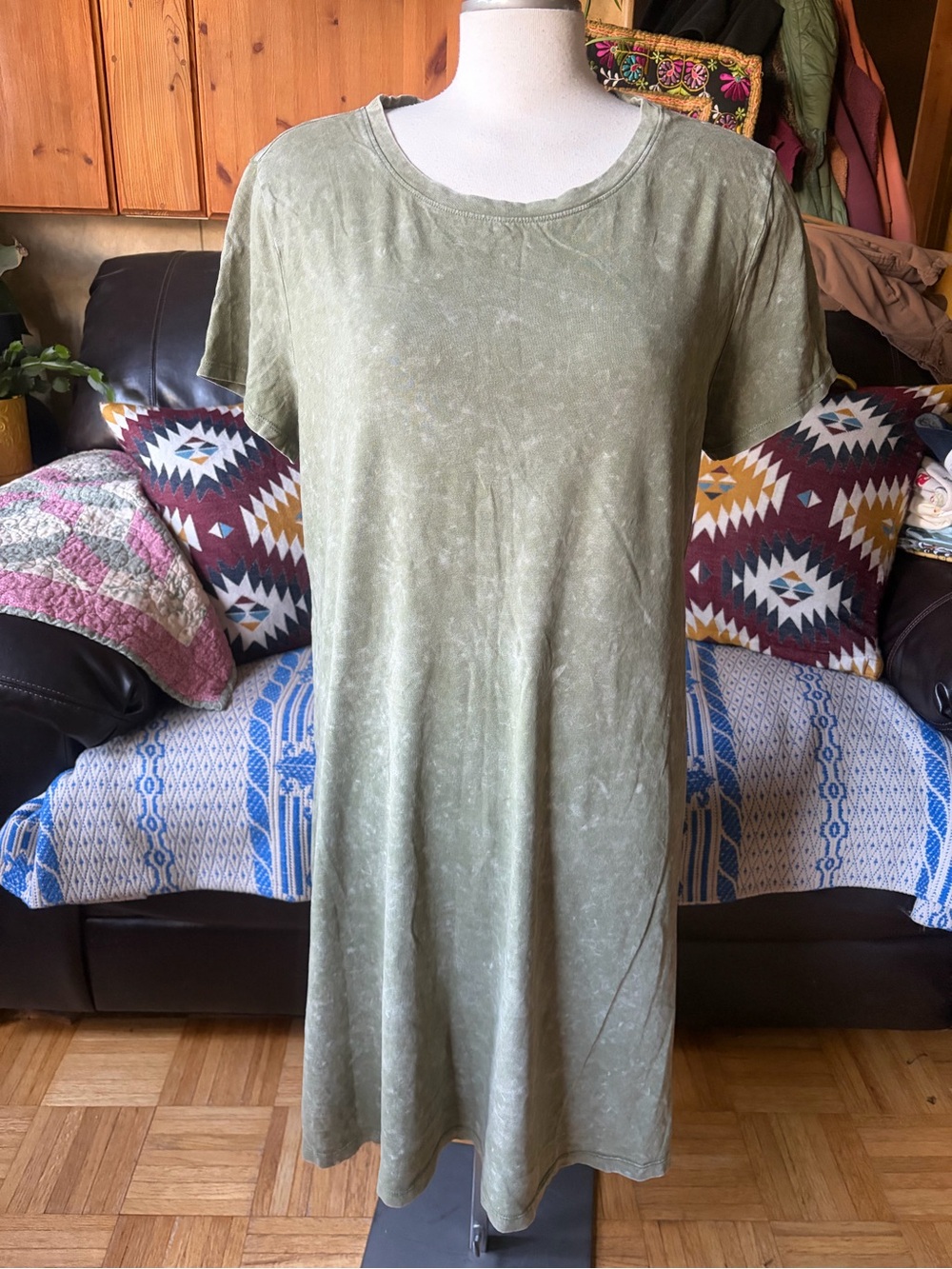 TIME AND TRU 100% Cotton Casual Sage Green Acid Wash Short Sleeve T-shirt Dress